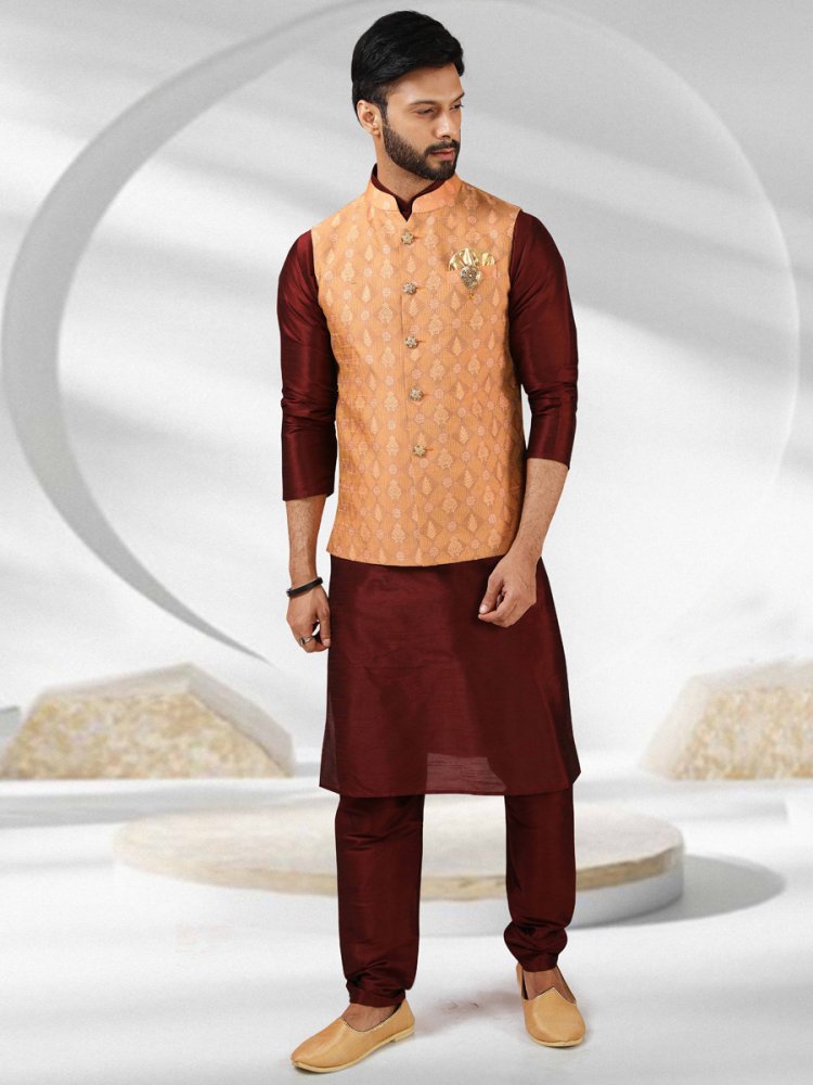Maroon And Apricot Orange Jacquard Banarasi Silk Woven Kurta Nehru Jacket Set