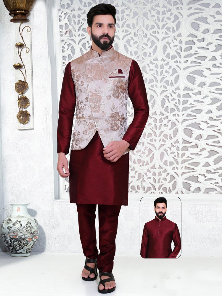 Maroon And Beige Yellow Silk Handwoven Party Kurta Nehru Jacket