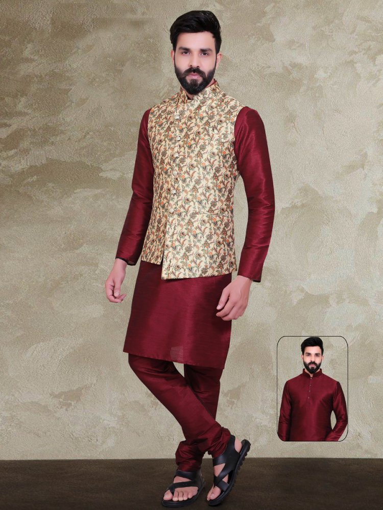 Maroon And Beige Yellow Silk Handwoven Party Kurta Nehru Jacket