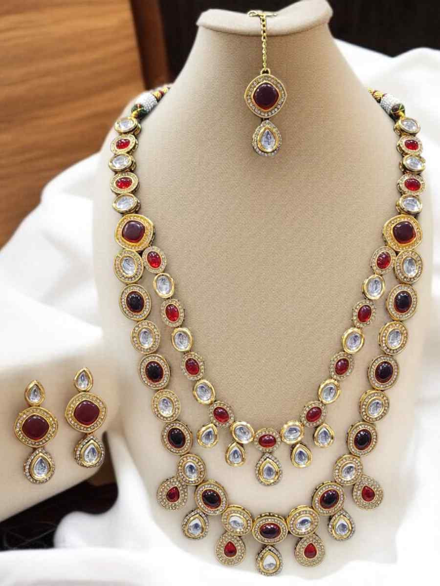 Maroon And Gold Alloy Wedding Party Festival Wear Kundan Necklace