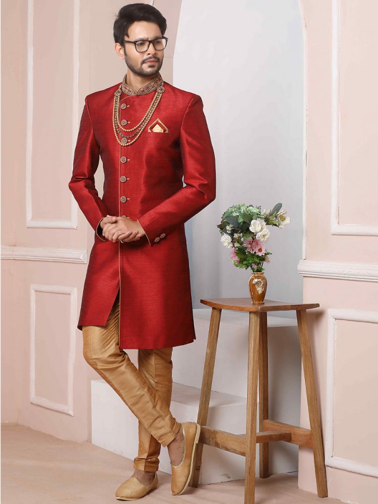 Maroon Art Banarasi Silk Embroidered Festival Wedding Sherwani