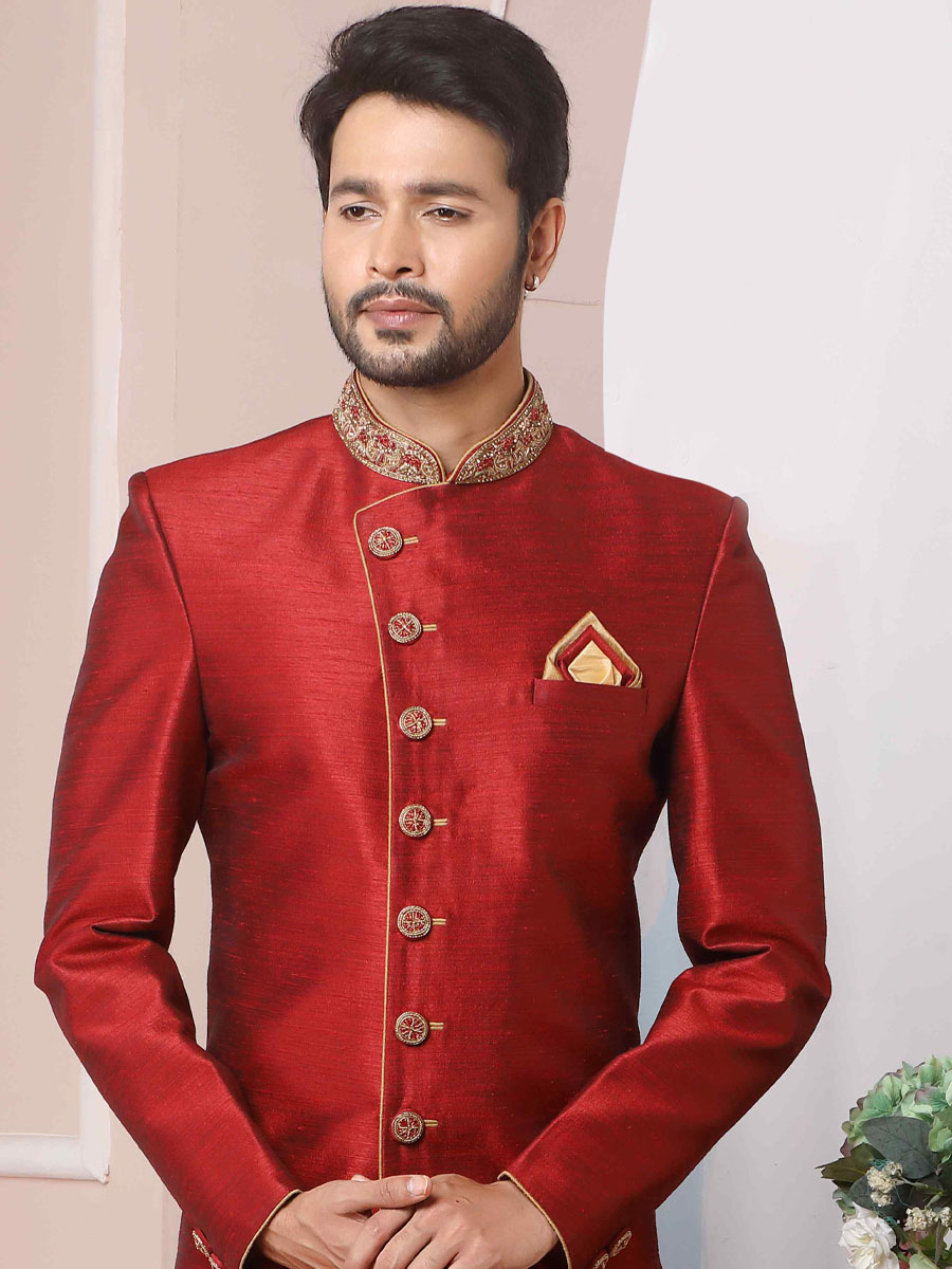 Maroon Art Banarasi Silk Embroidered Festival Wedding Sherwani