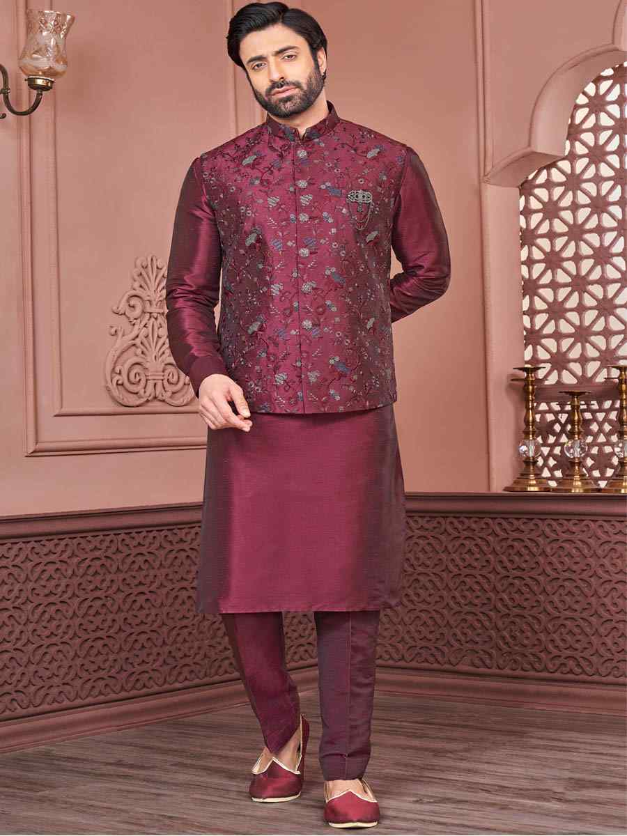 Maroon Art Banarasi Silk Woven Festival Wedding Kurta
