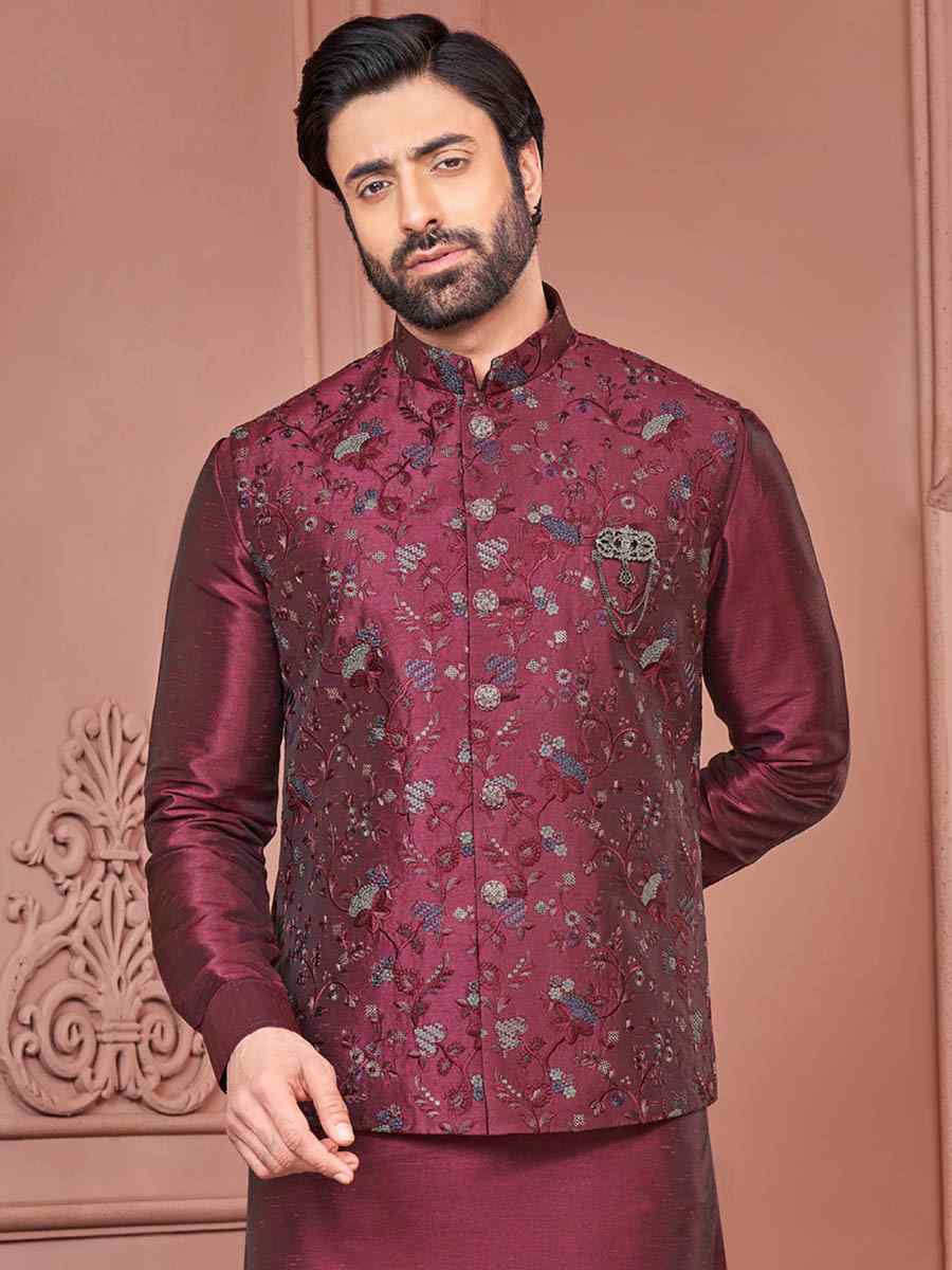 Maroon Art Banarasi Silk Woven Festival Wedding Kurta