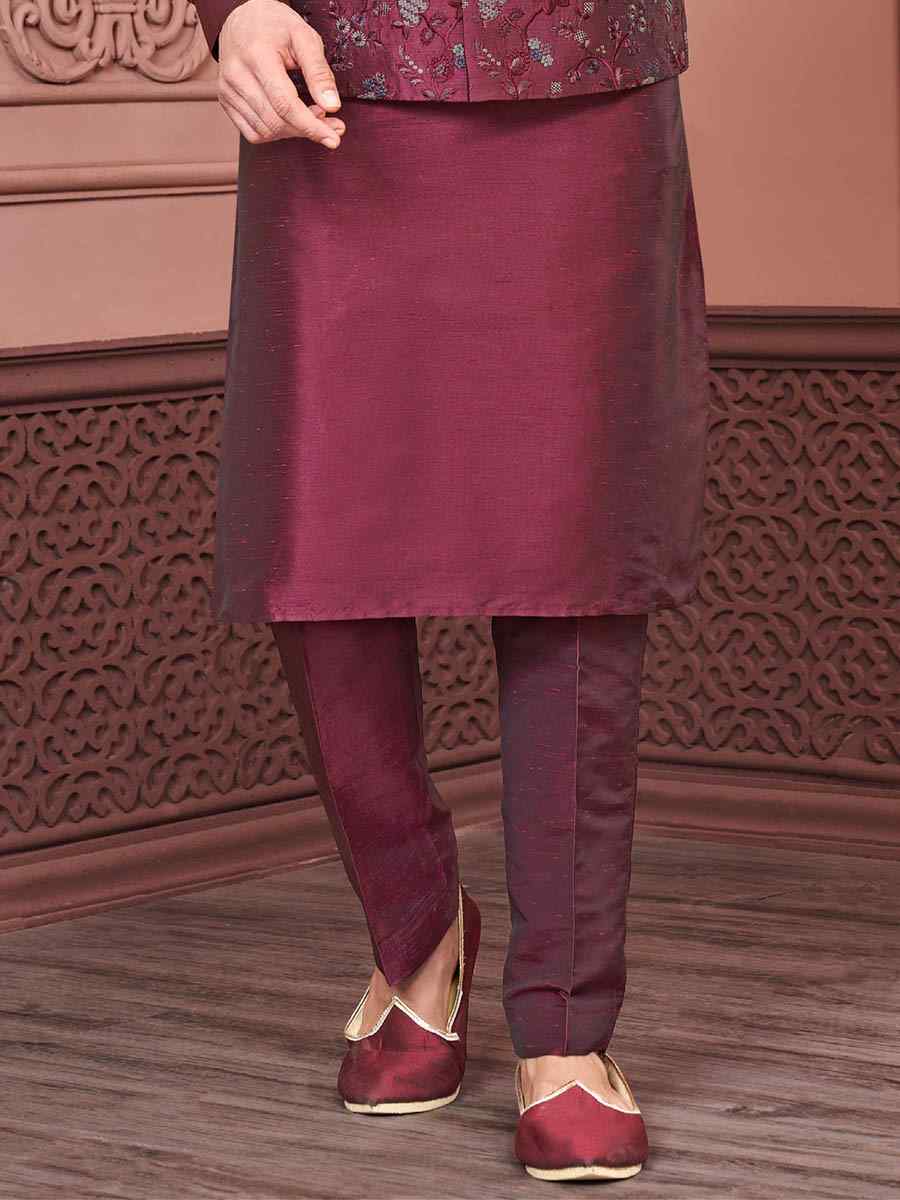 Maroon Art Banarasi Silk Woven Festival Wedding Kurta