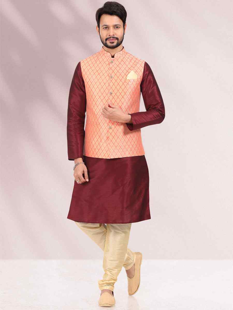 Maroon Art Banarasi Silk Woven Festival Wedding Kurta