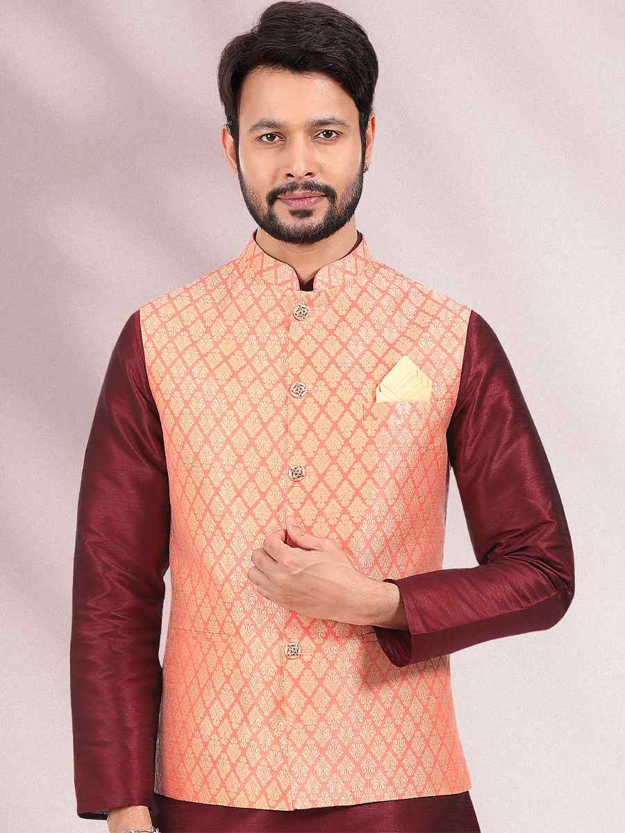 Maroon Art Banarasi Silk Woven Festival Wedding Kurta