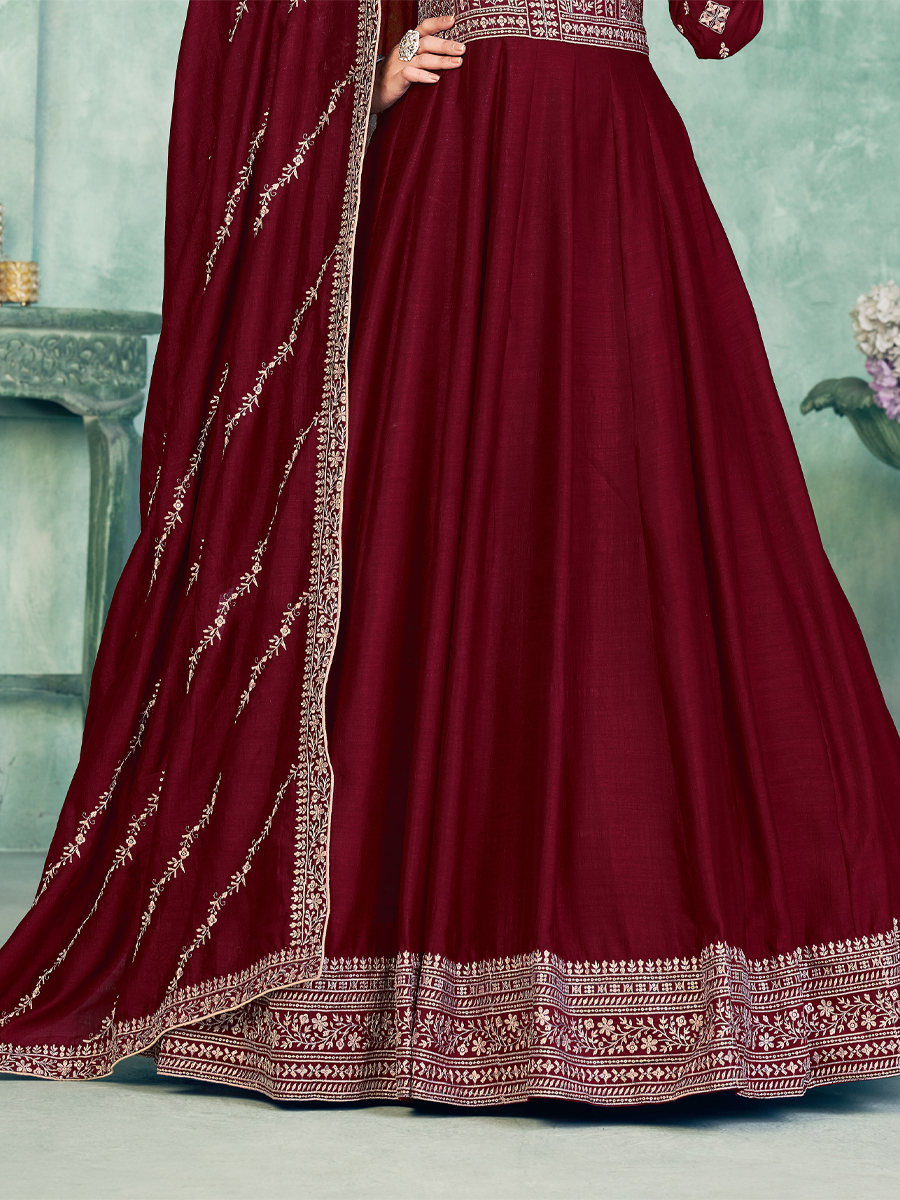 Maroon Art Silk Embroidered Festival Wedding Anarkali Salwar Kameez