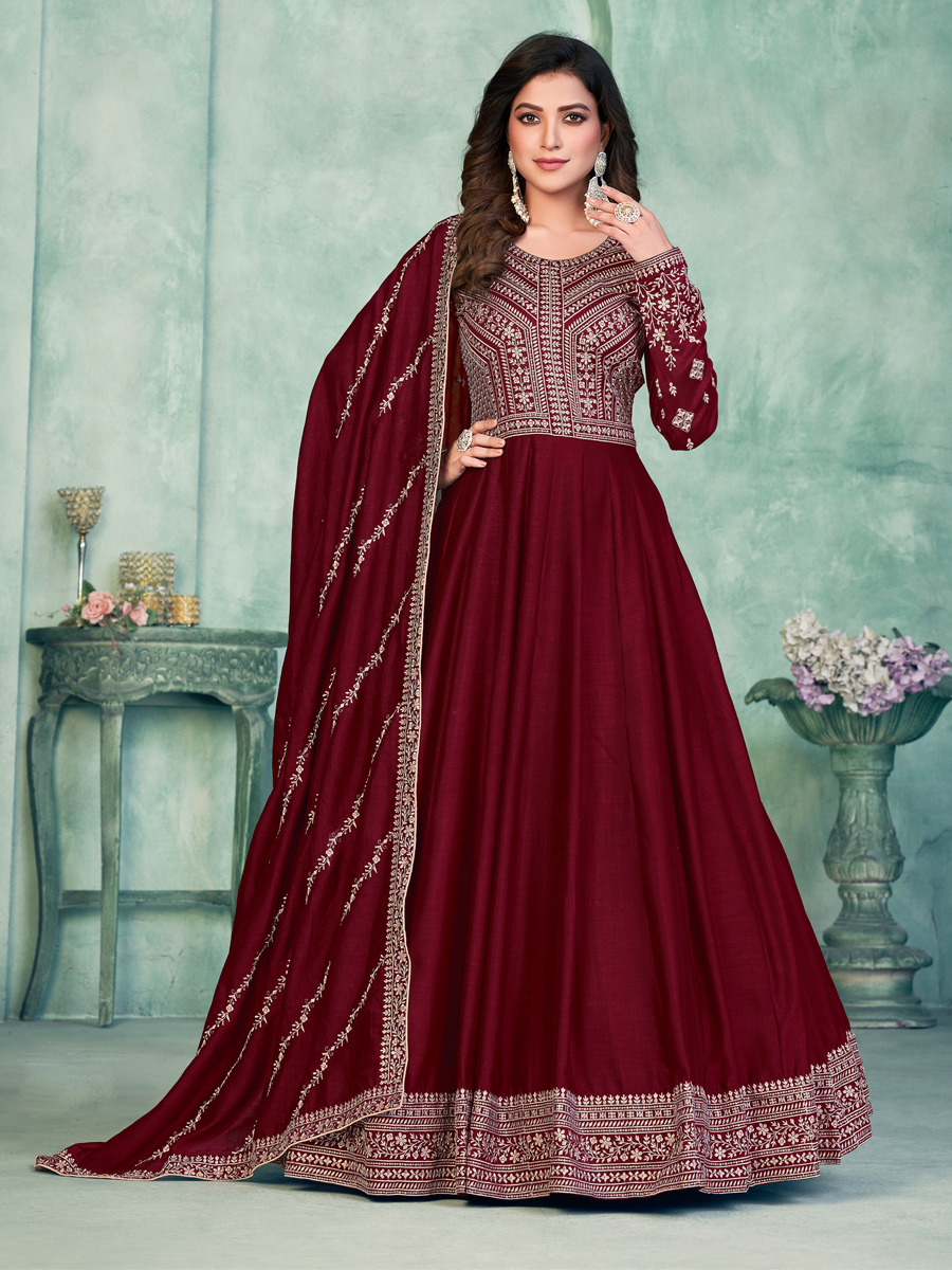 Maroon Art Silk Embroidered Festival Wedding Anarkali Salwar Kameez
