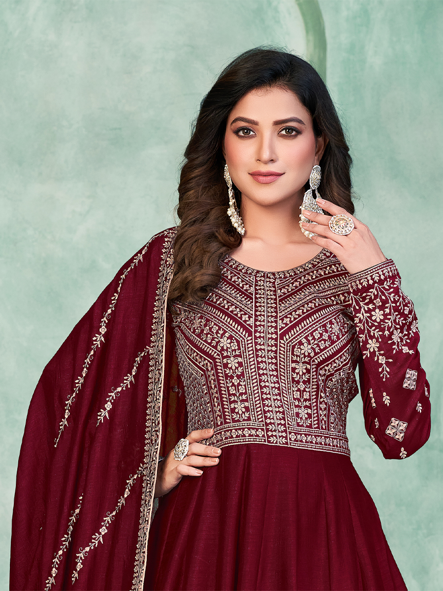 Maroon Art Silk Embroidered Festival Wedding Anarkali Salwar Kameez