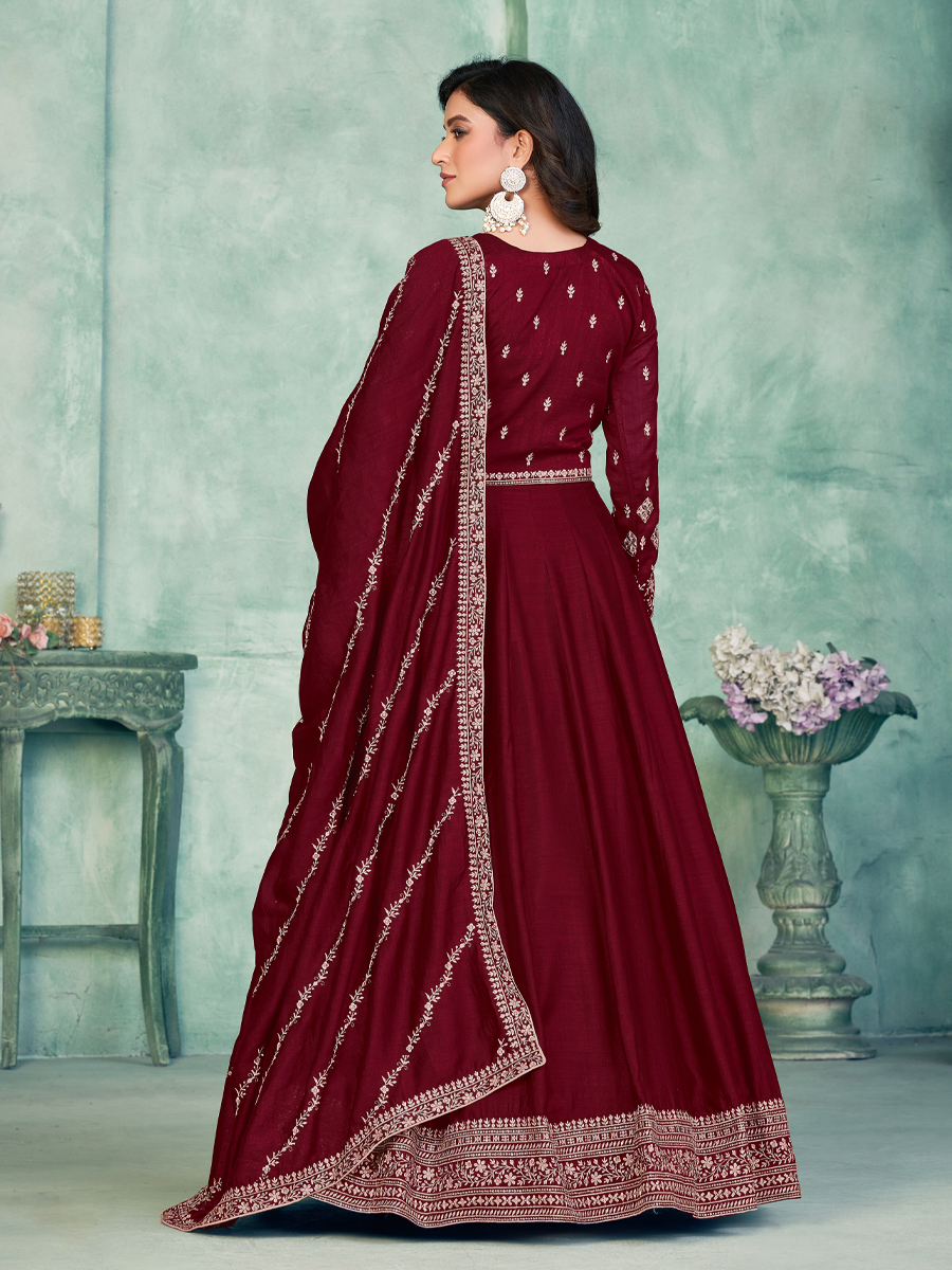 Maroon Art Silk Embroidered Festival Wedding Anarkali Salwar Kameez
