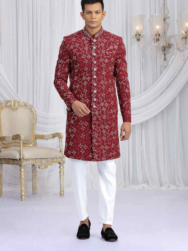 Image of Maroon Art Silk Embroidered Festival Wedding Mens Sherwani