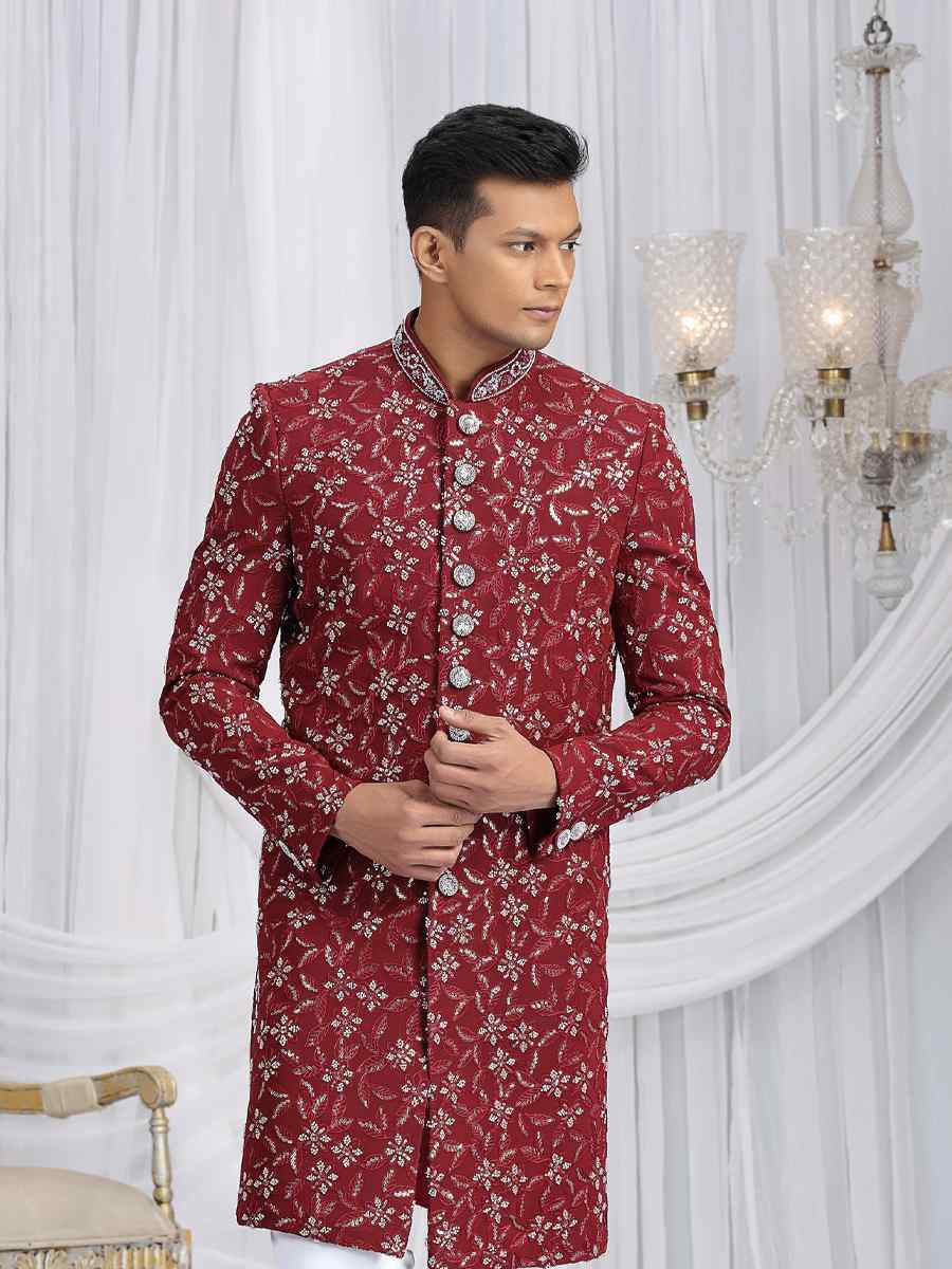 Maroon Art Silk Embroidered Festival Wedding Mens Sherwani