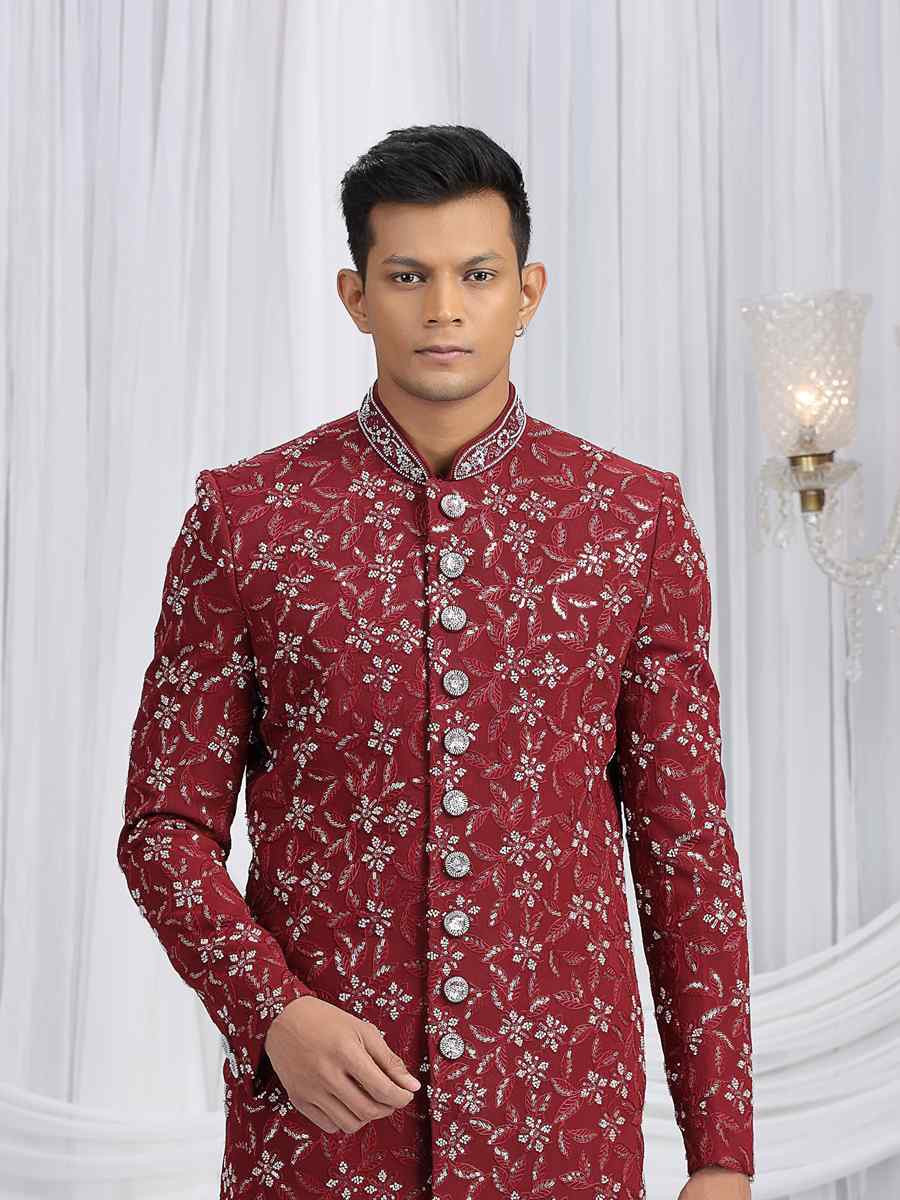 Maroon Art Silk Embroidered Festival Wedding Mens Sherwani