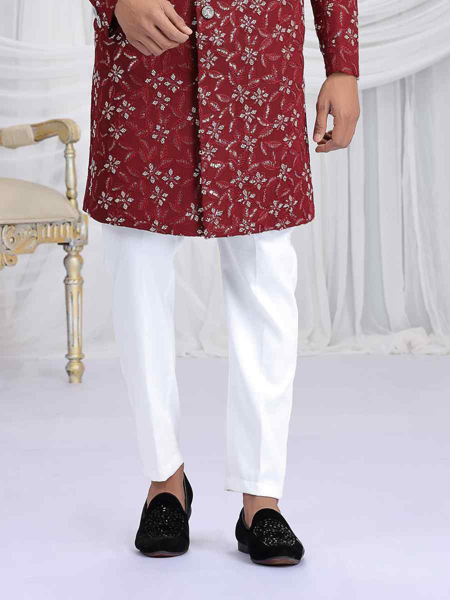 Maroon Art Silk Embroidered Festival Wedding Mens Sherwani