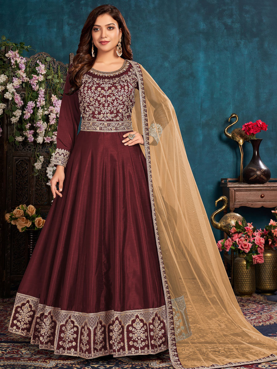 Maroon Art Silk Embroidered Party And Wedding Lawn Kameez