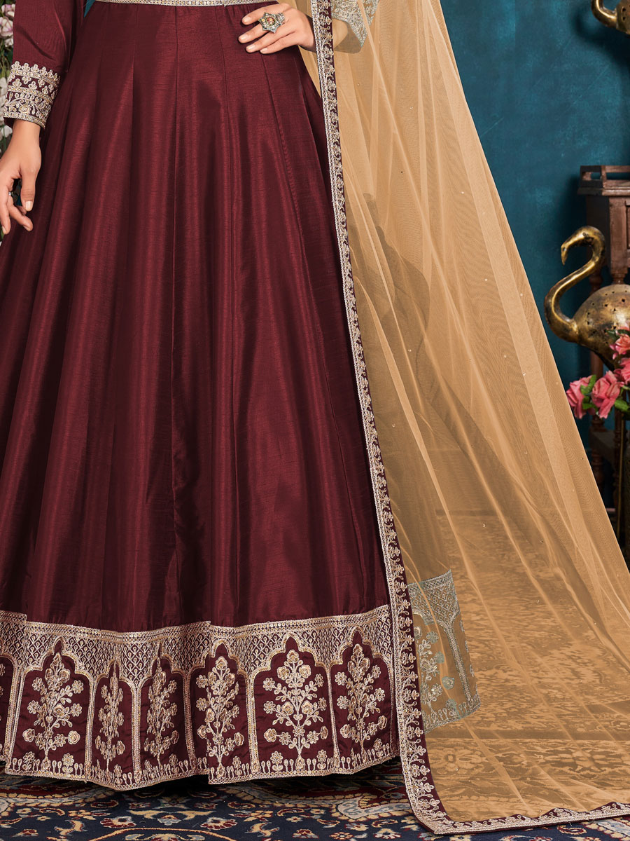 Maroon Art Silk Embroidered Party And Wedding Lawn Kameez