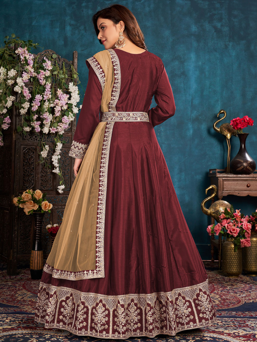 Maroon Art Silk Embroidered Party And Wedding Lawn Kameez