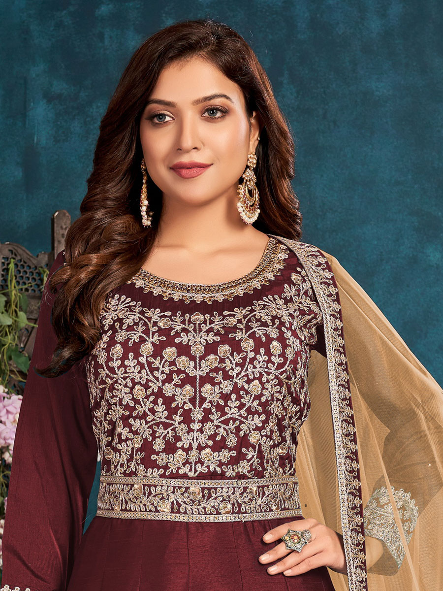 Maroon Art Silk Embroidered Party And Wedding Lawn Kameez
