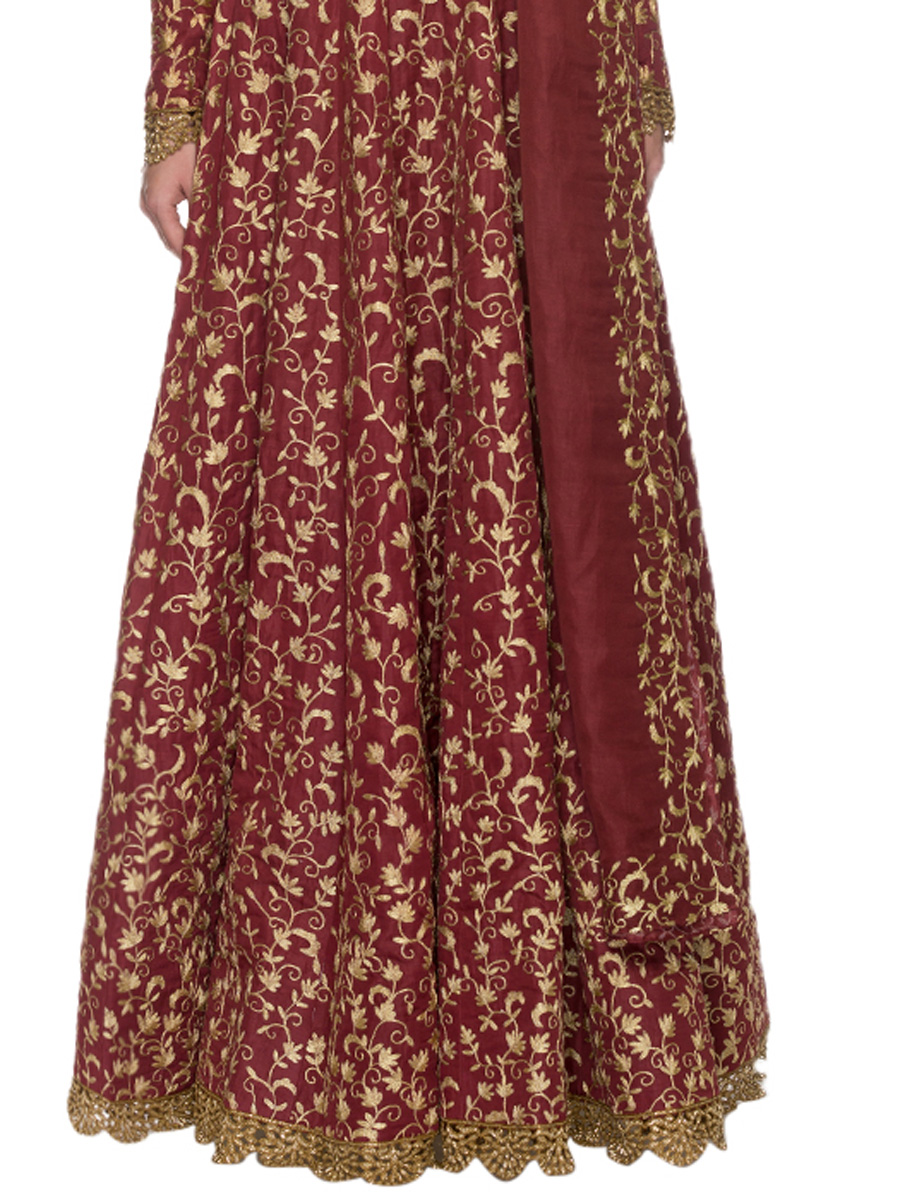 Maroon Art Silk Embroidered Party Gown