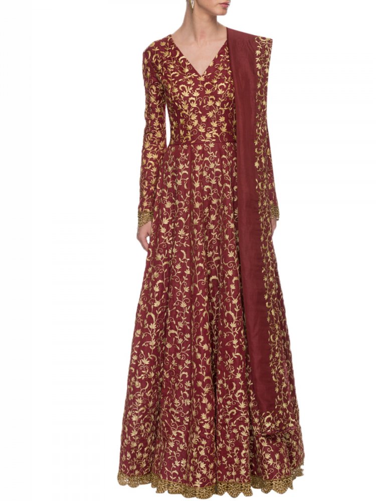 Maroon Art Silk Embroidered Party Gown