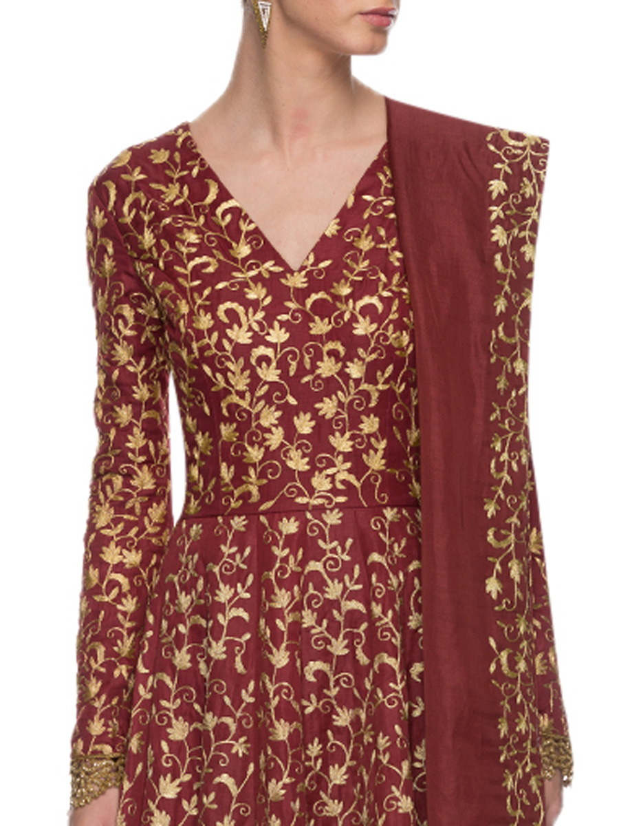 Maroon Art Silk Embroidered Party Gown