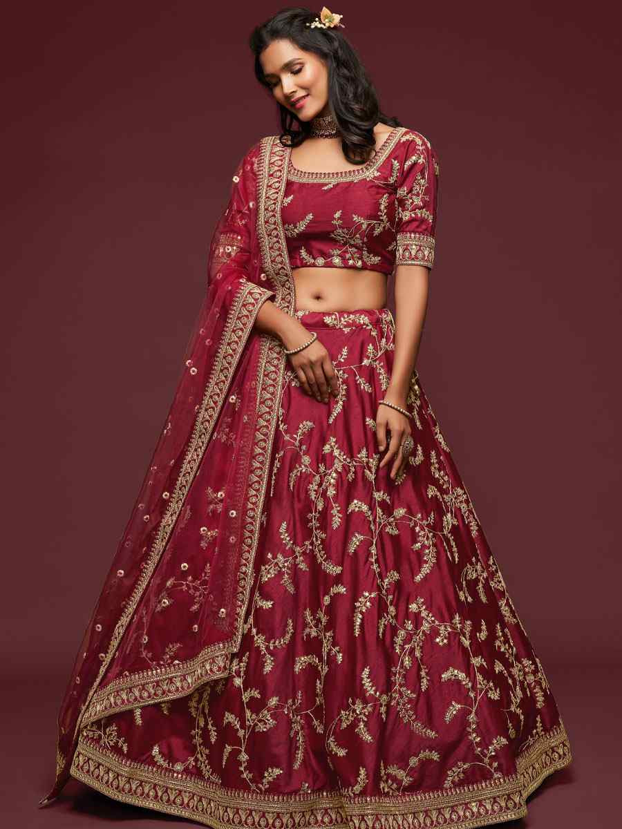 Maroon Art Silk Embroidered Wedding Reception Festival Heavy Border Lehenga Choli