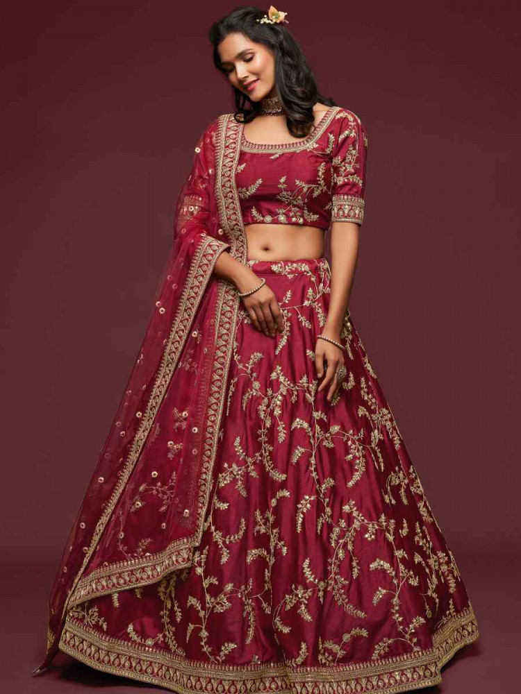 Image of Maroon Art Silk Embroidered Wedding Reception Festival Heavy Border Lehenga Choli
