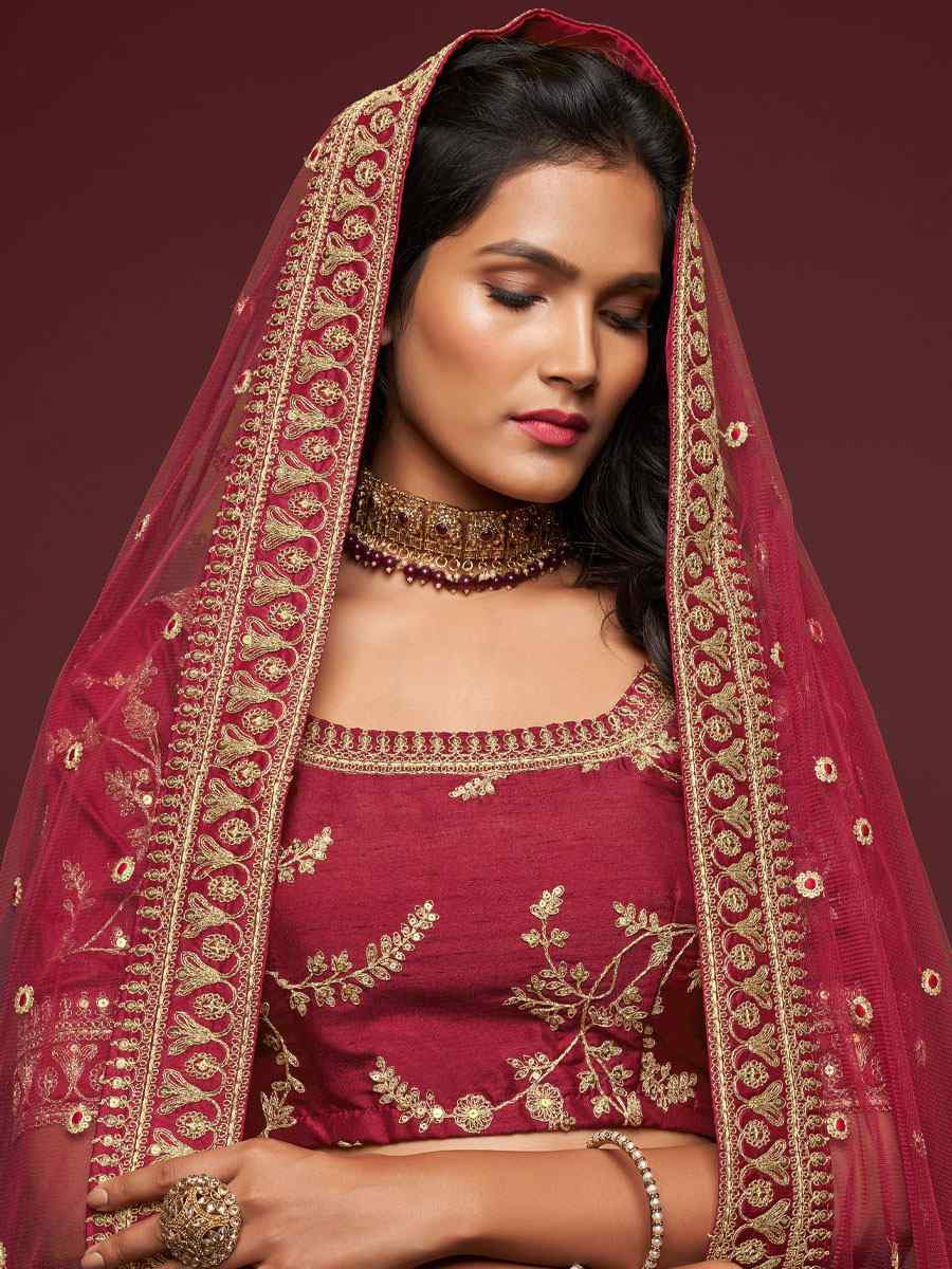 Maroon Art Silk Embroidered Wedding Reception Festival Heavy Border Lehenga Choli