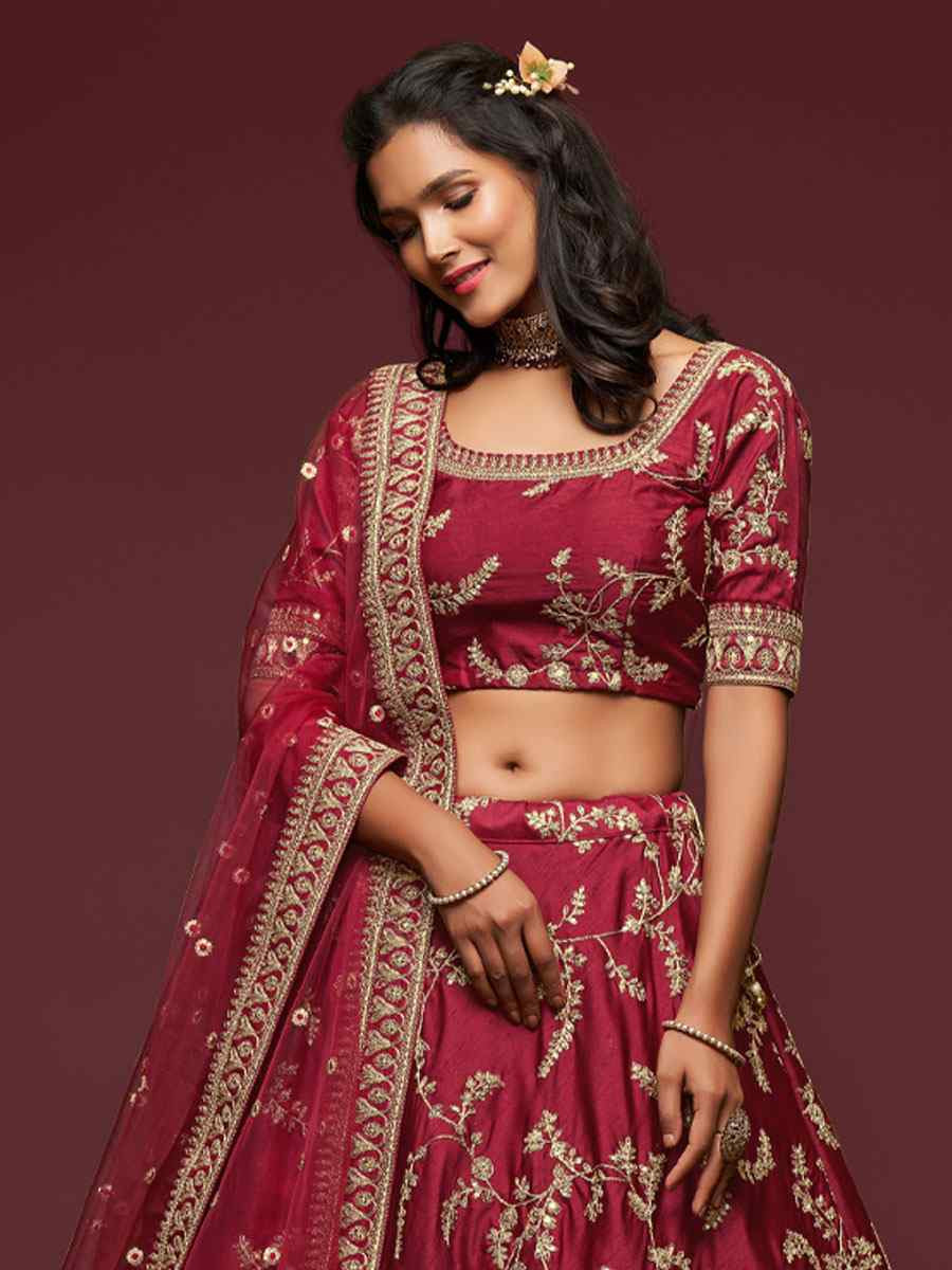 Maroon Art Silk Embroidered Wedding Reception Festival Heavy Border Lehenga Choli