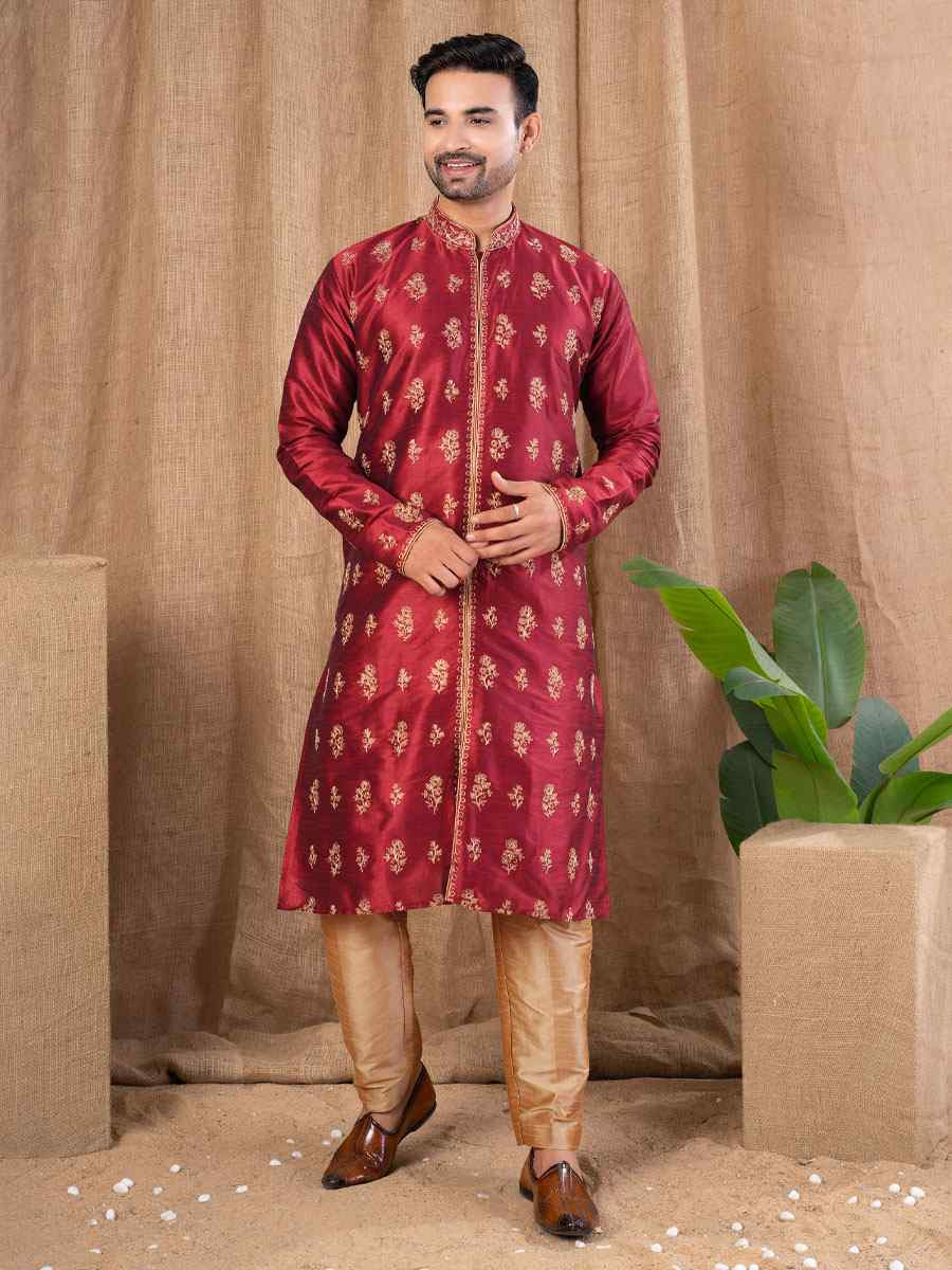 Maroon Art Silk Embroidery Festival Wedding Party Mens Kurta
