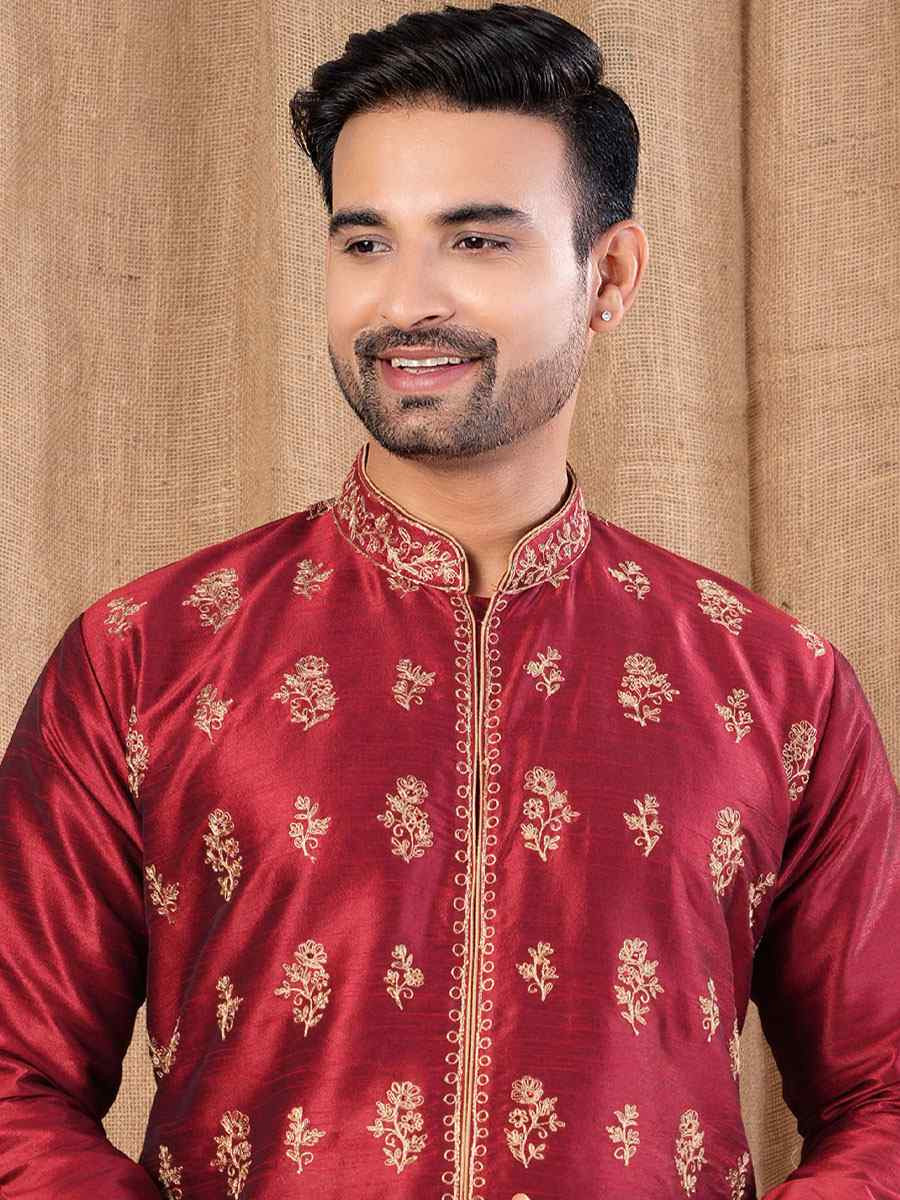 Maroon Art Silk Embroidery Festival Wedding Party Mens Kurta