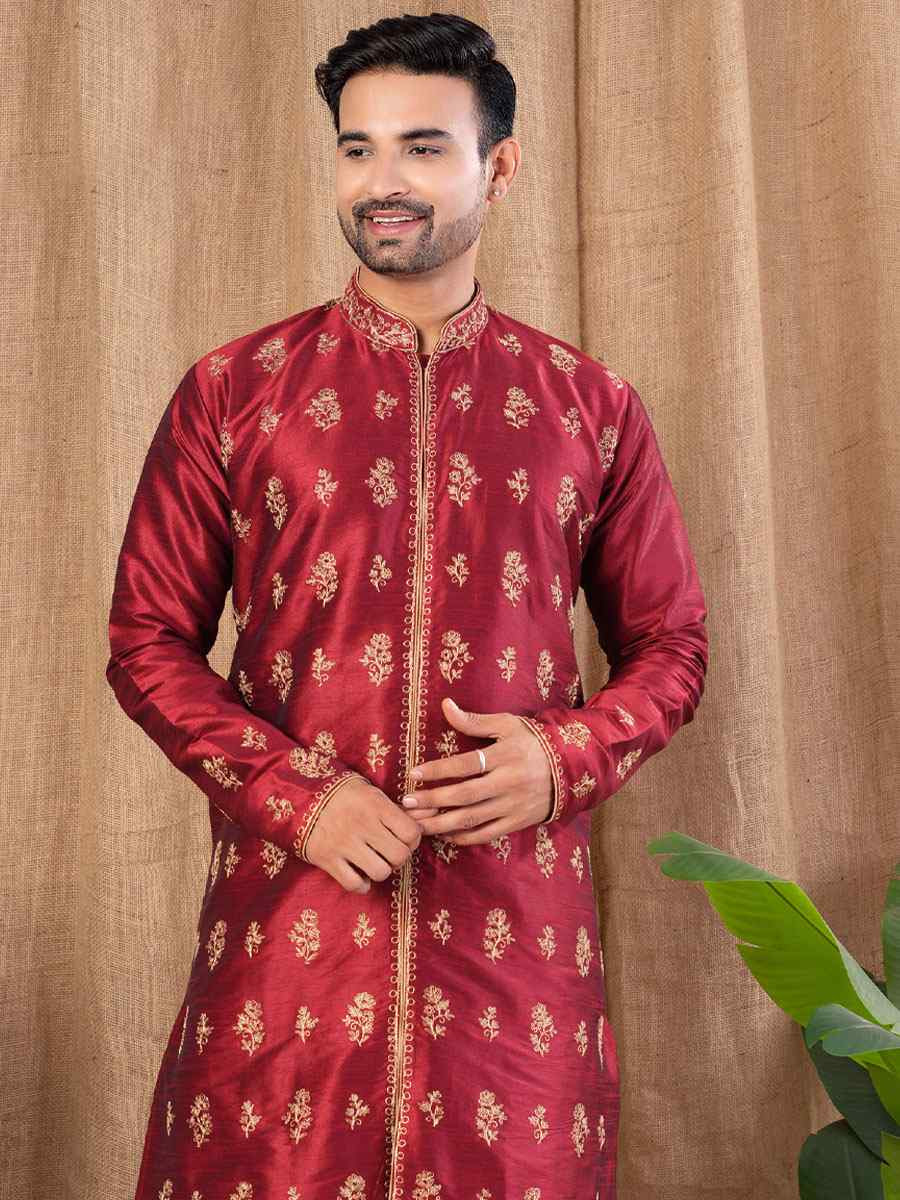 Maroon Art Silk Embroidery Festival Wedding Party Mens Kurta