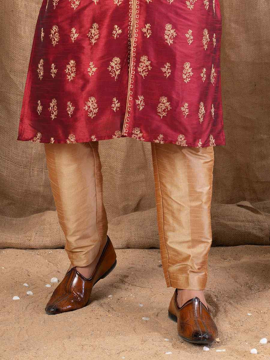 Maroon Art Silk Embroidery Festival Wedding Party Mens Kurta