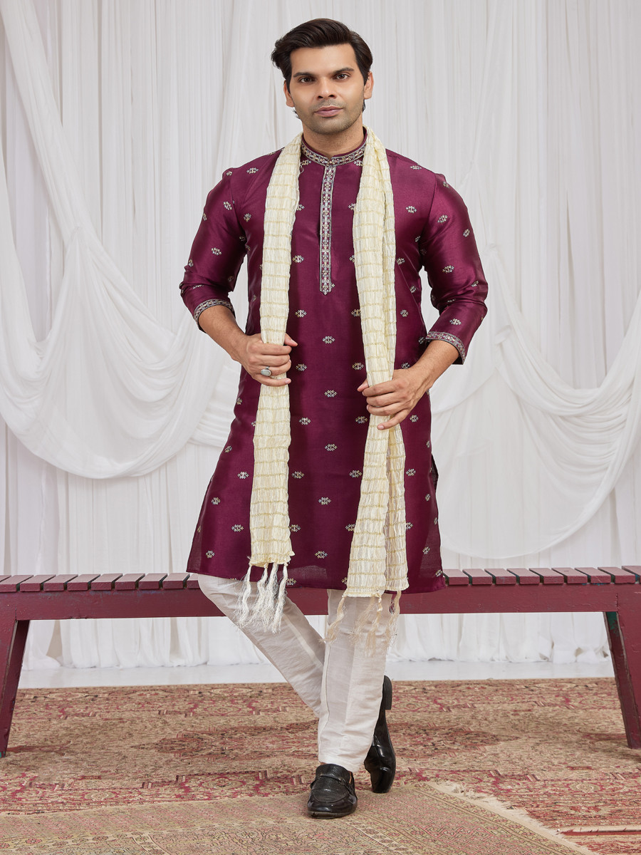 Maroon Art Silk Embroidery Wedding Party Festival Ready Mens Kurta