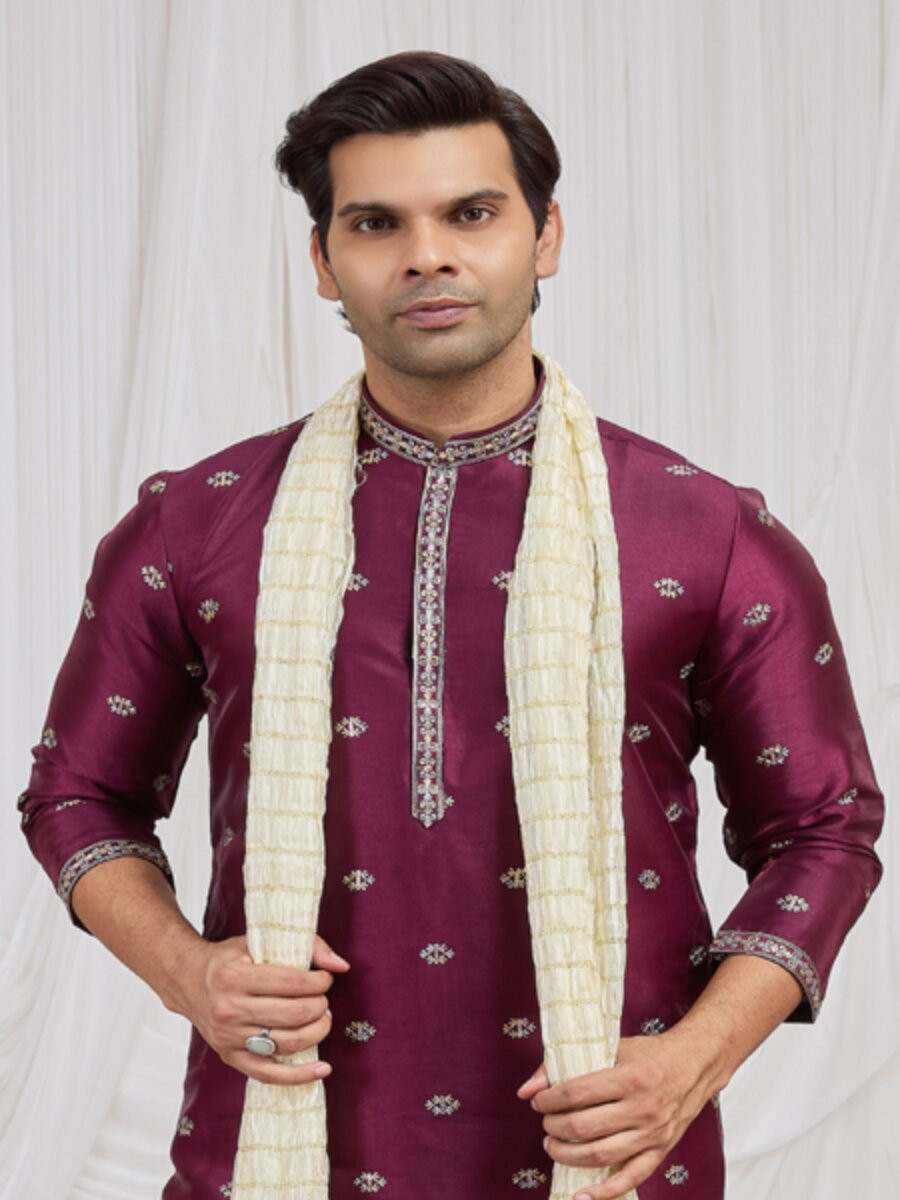Maroon Art Silk Embroidery Wedding Party Festival Ready Mens Kurta