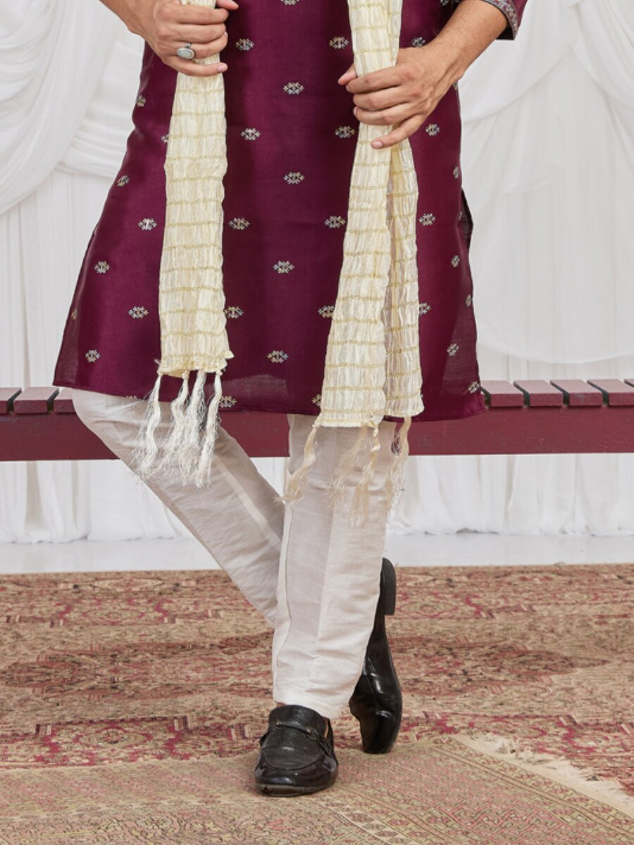 Maroon Art Silk Embroidery Wedding Party Festival Ready Mens Kurta