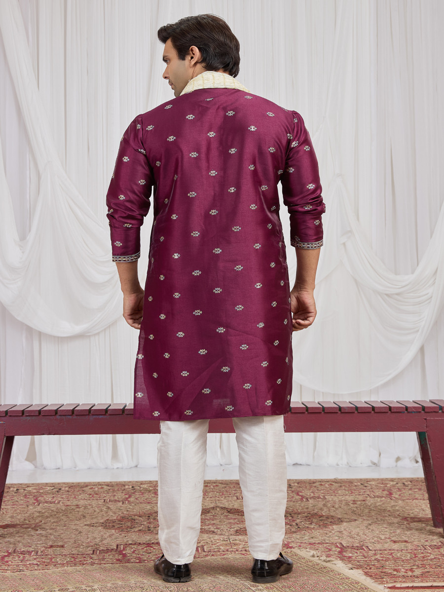 Maroon Art Silk Embroidery Wedding Party Festival Ready Mens Kurta