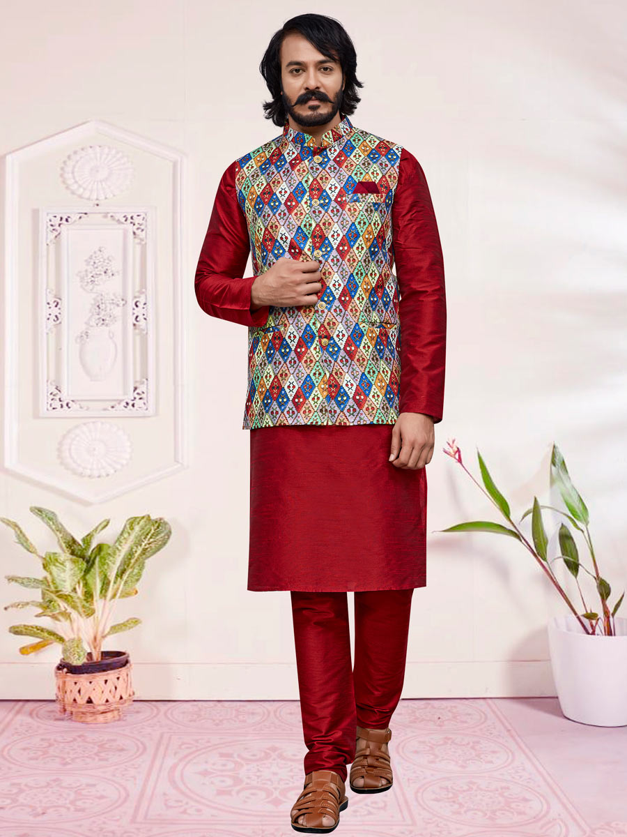 Maroon Art Silk Festival Printed Kurta Set With Jacket