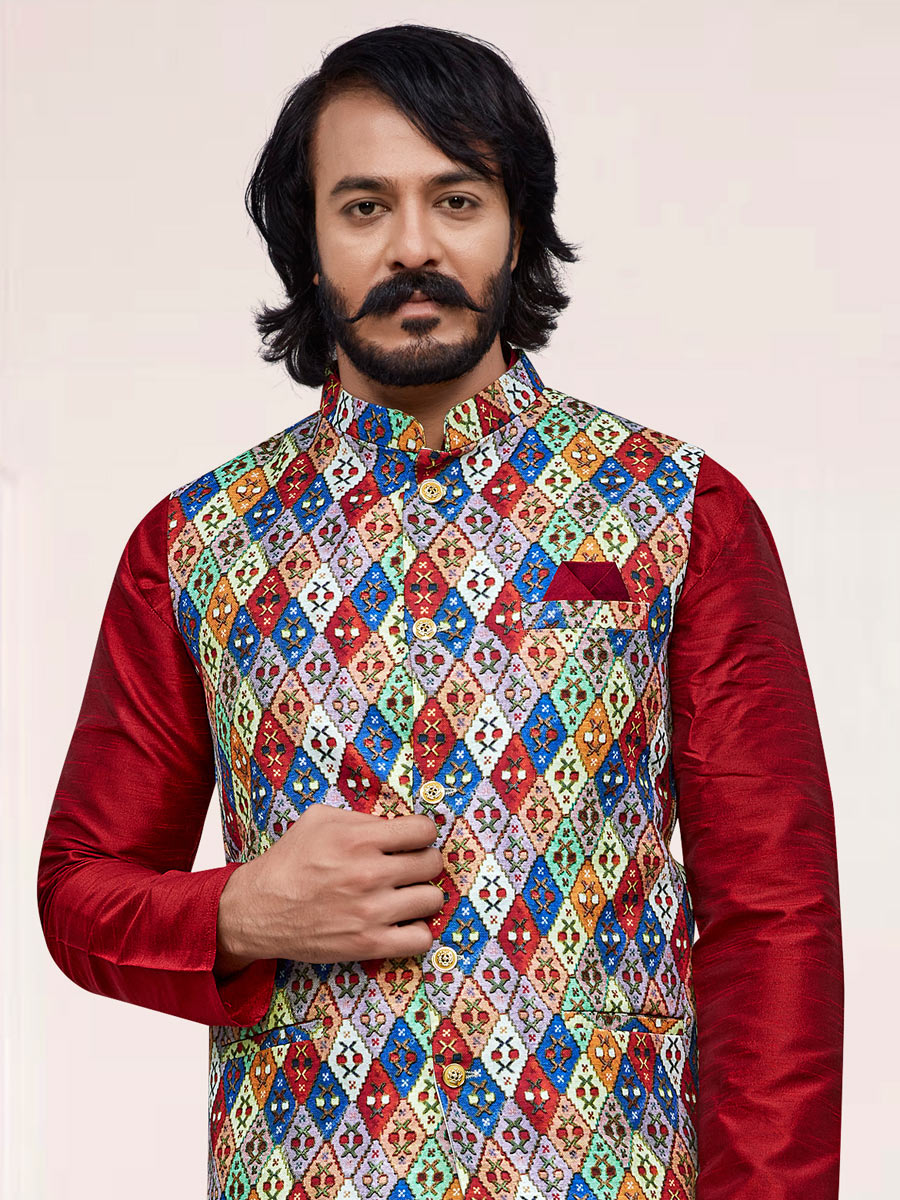 Maroon Art Silk Festival Printed Kurta Set With Jacket