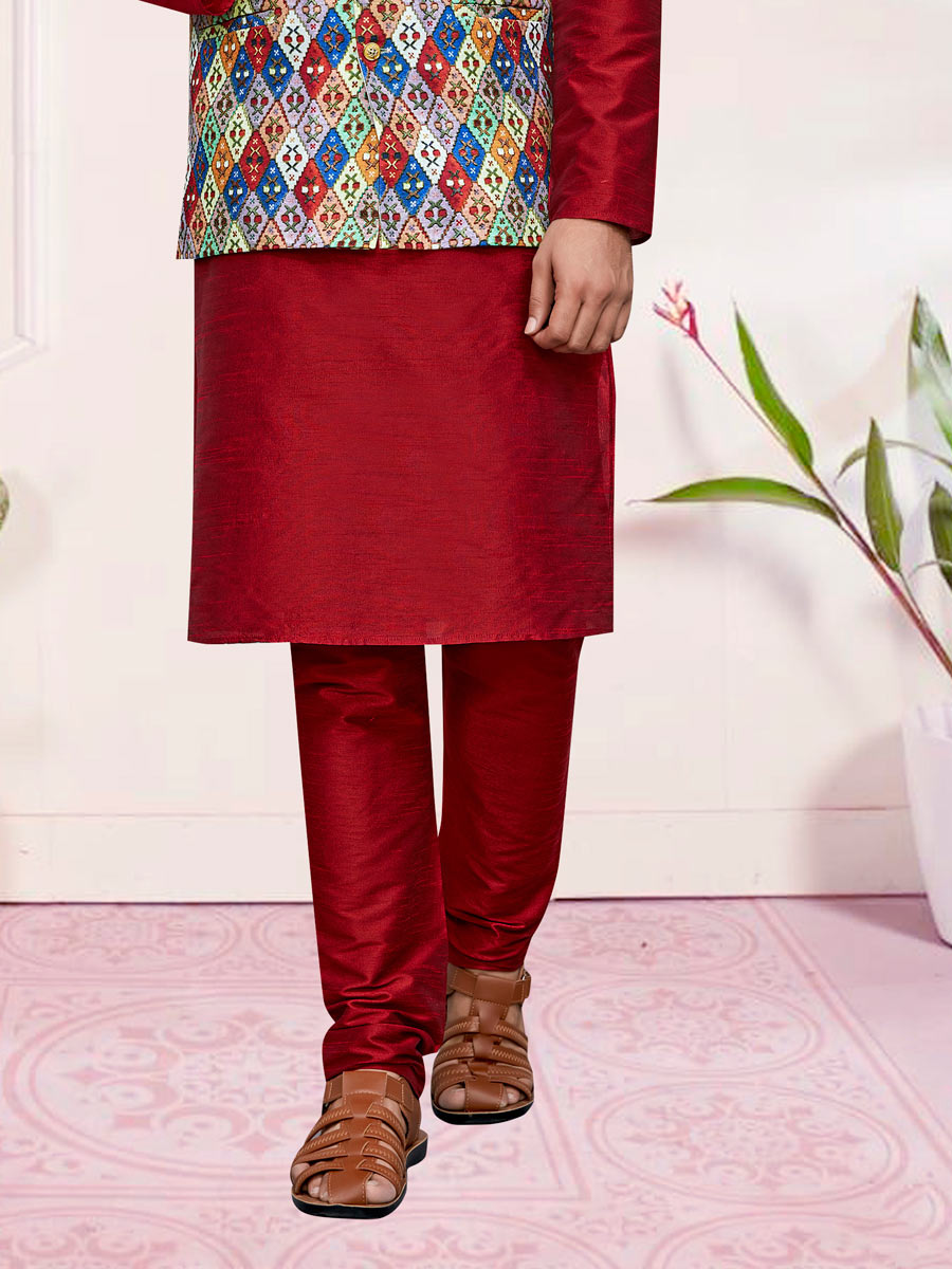 Maroon Art Silk Festival Printed Kurta Set With Jacket