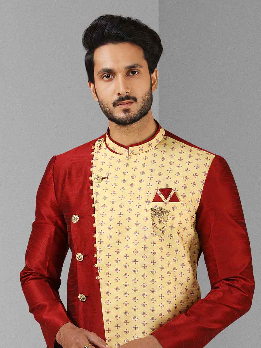 Maroon Art Silk Plain Printed Party Wedding Sherwani
