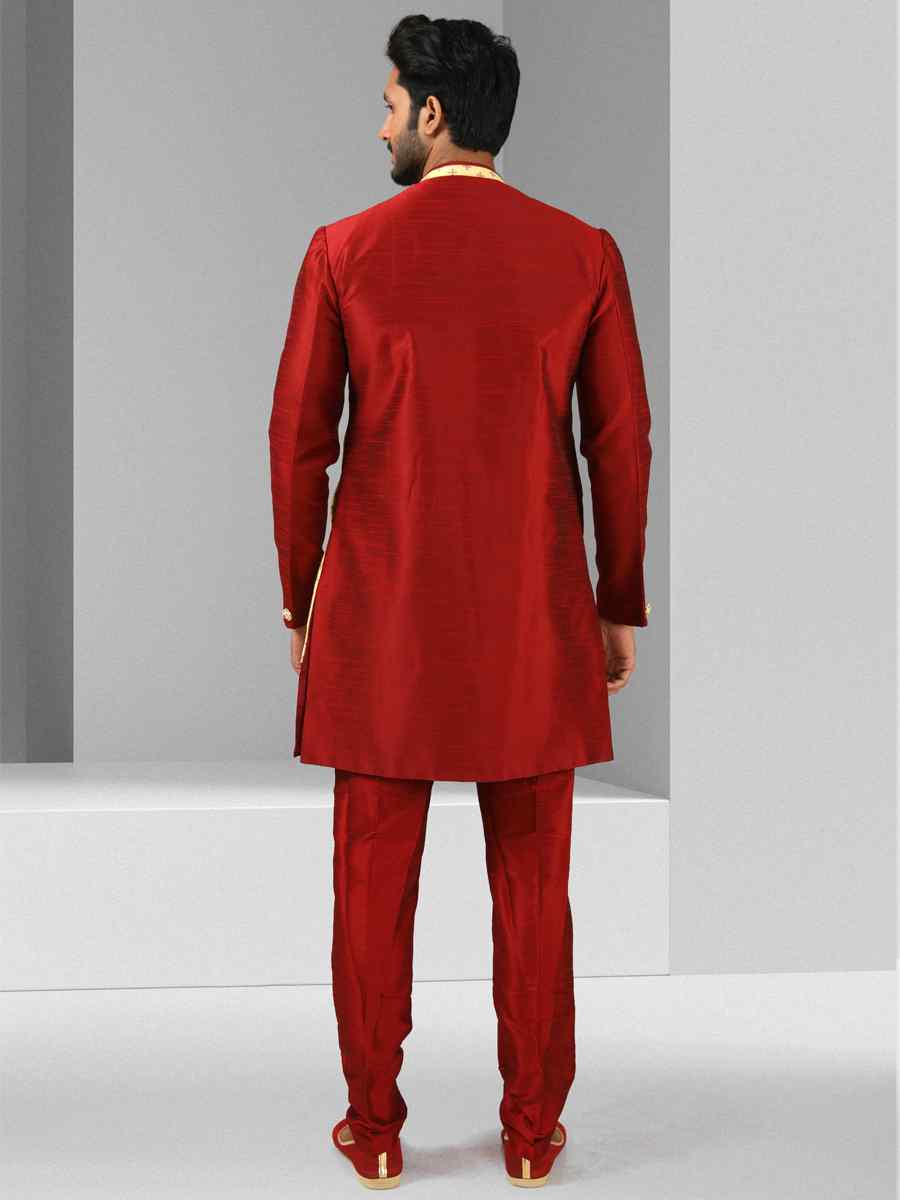 Maroon Art Silk Plain Printed Party Wedding Sherwani