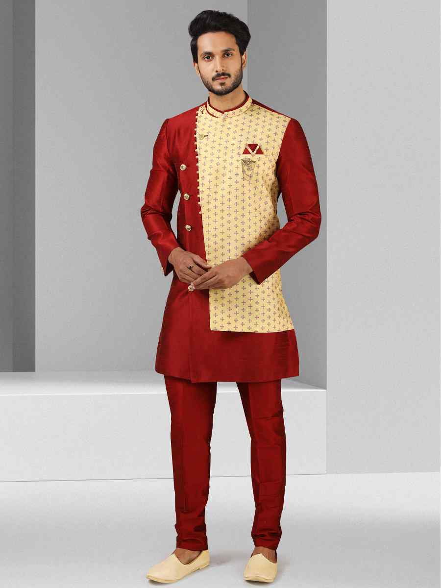 Maroon Art Silk Plain Printed Party Wedding Sherwani