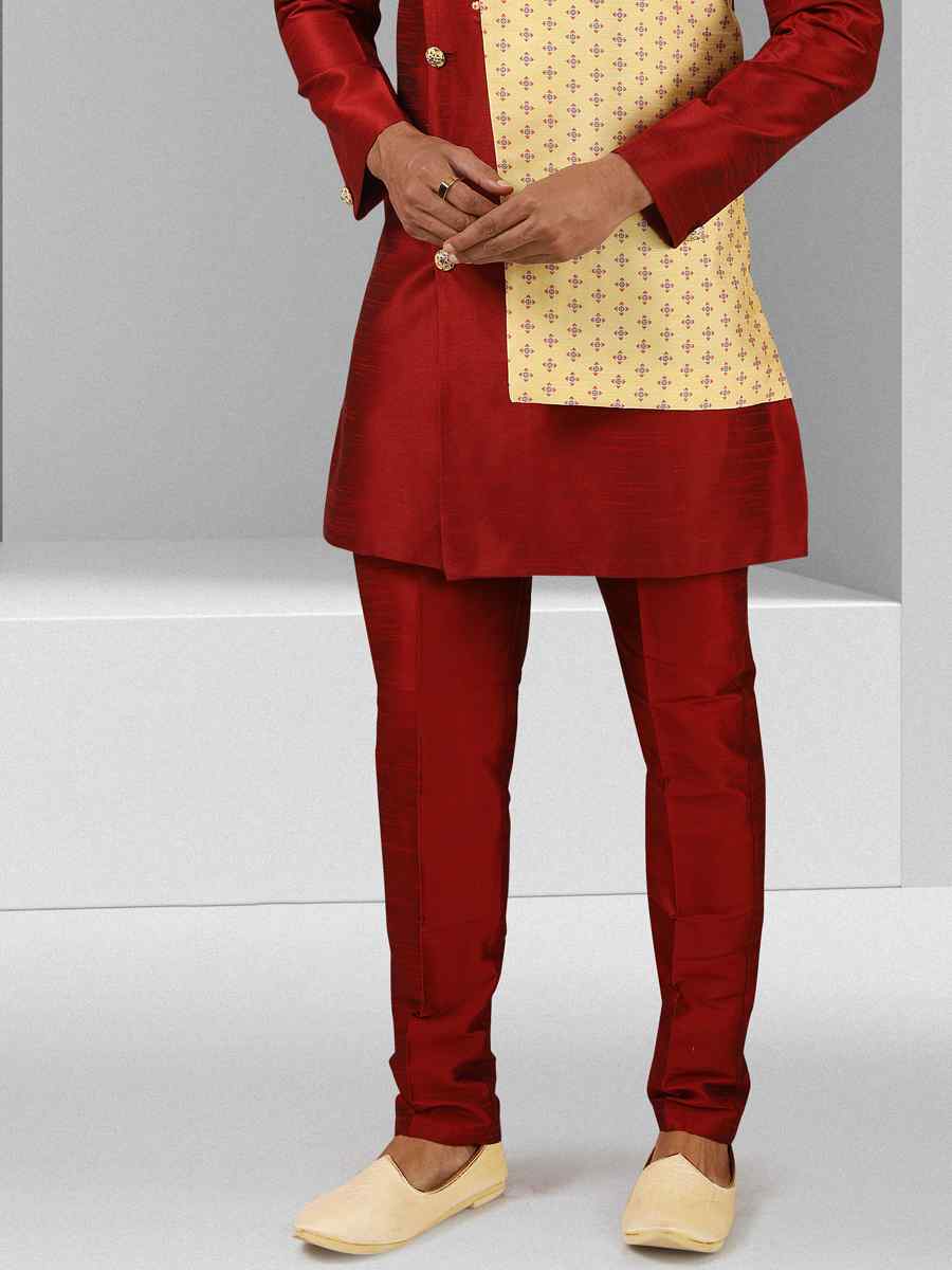 Maroon Art Silk Plain Printed Party Wedding Sherwani