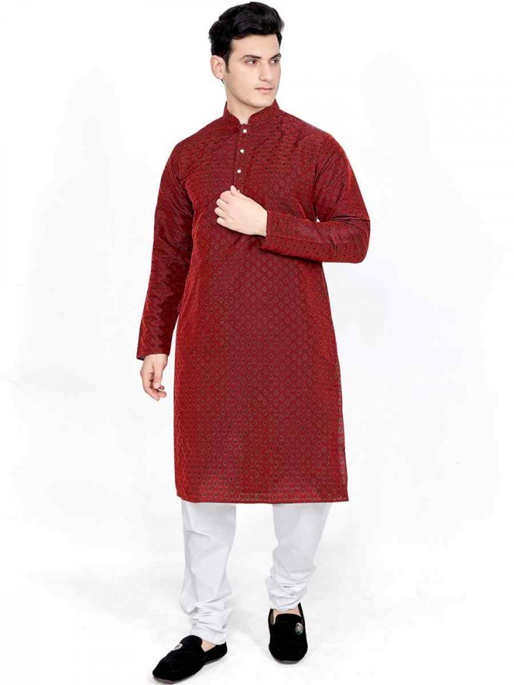 Maroon Art Silk Woven Festival Kurta