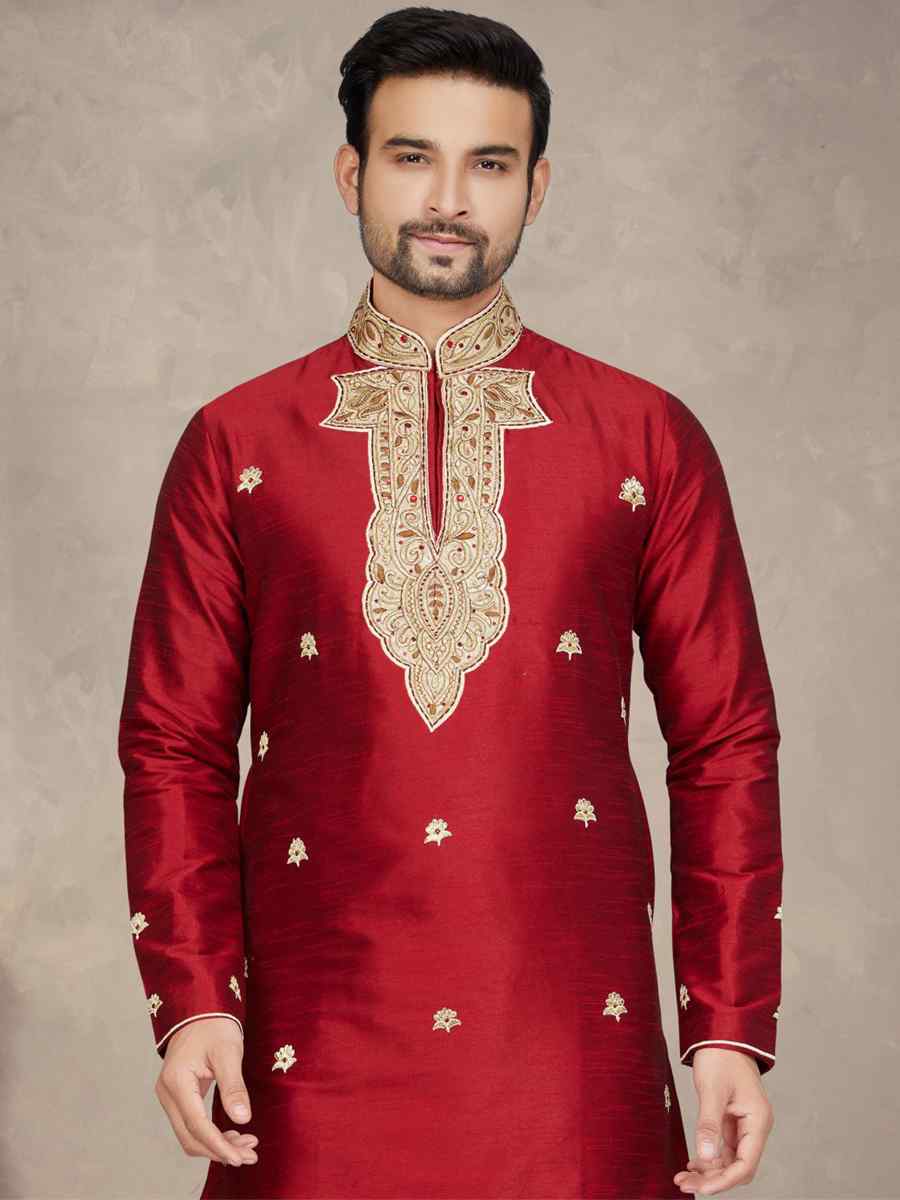 Maroon Art Silk Woven Festival Mehendi Kurta