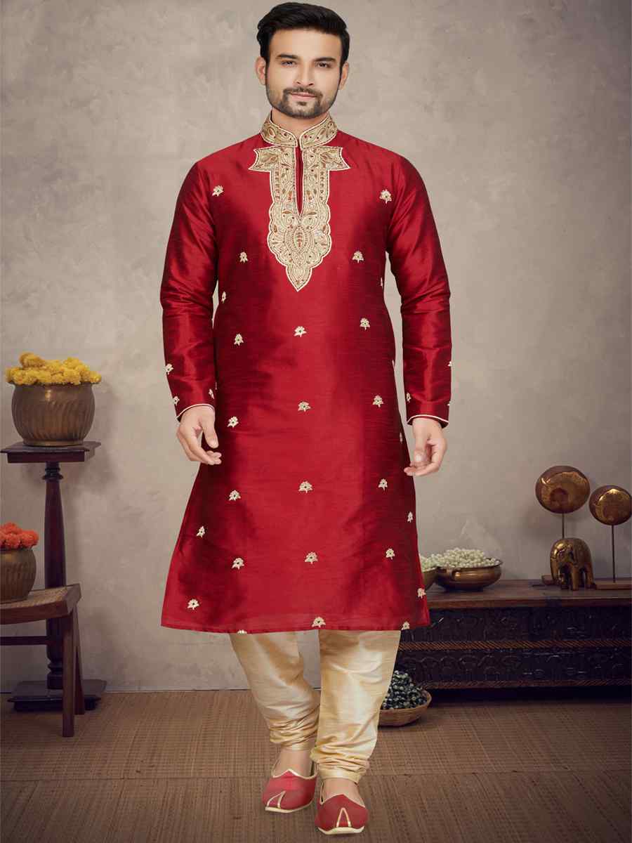 Maroon Art Silk Woven Festival Mehendi Kurta