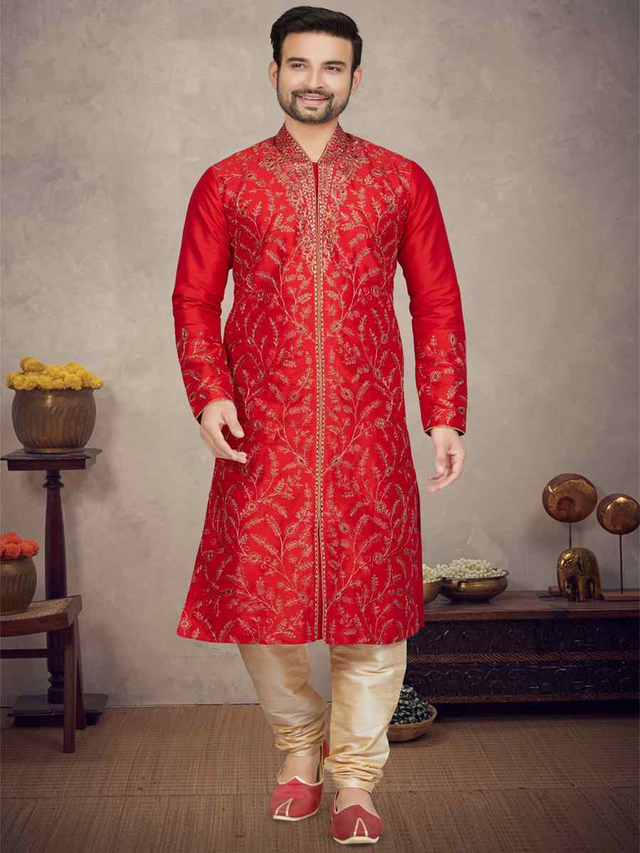 Maroon Art Silk Woven Festival Mehendi Kurta