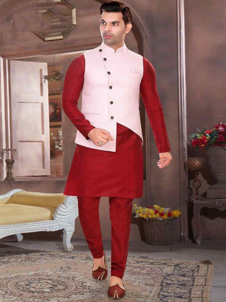 Maroon Art Silk Woven Festival Party Kurta